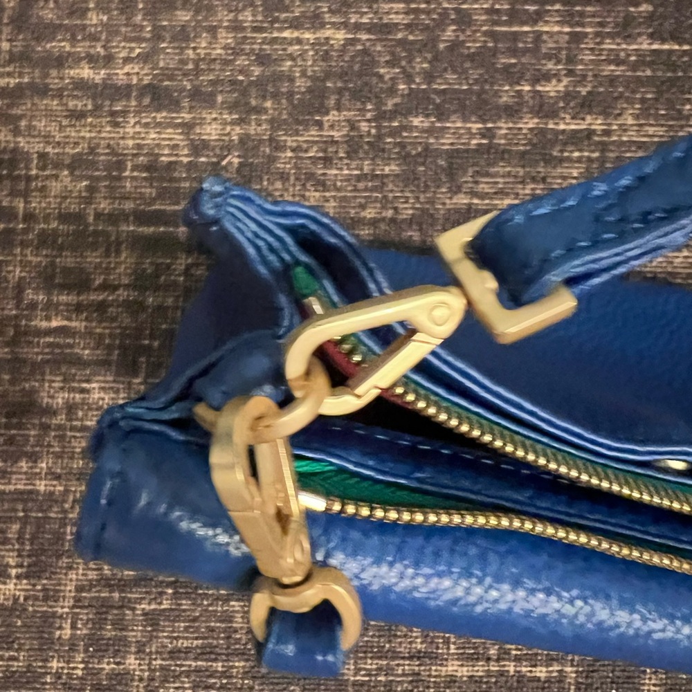 Hammitt Curtis Blue Leather Crossbody with Green Trim and Gold Hardware - Picture 4 of 8